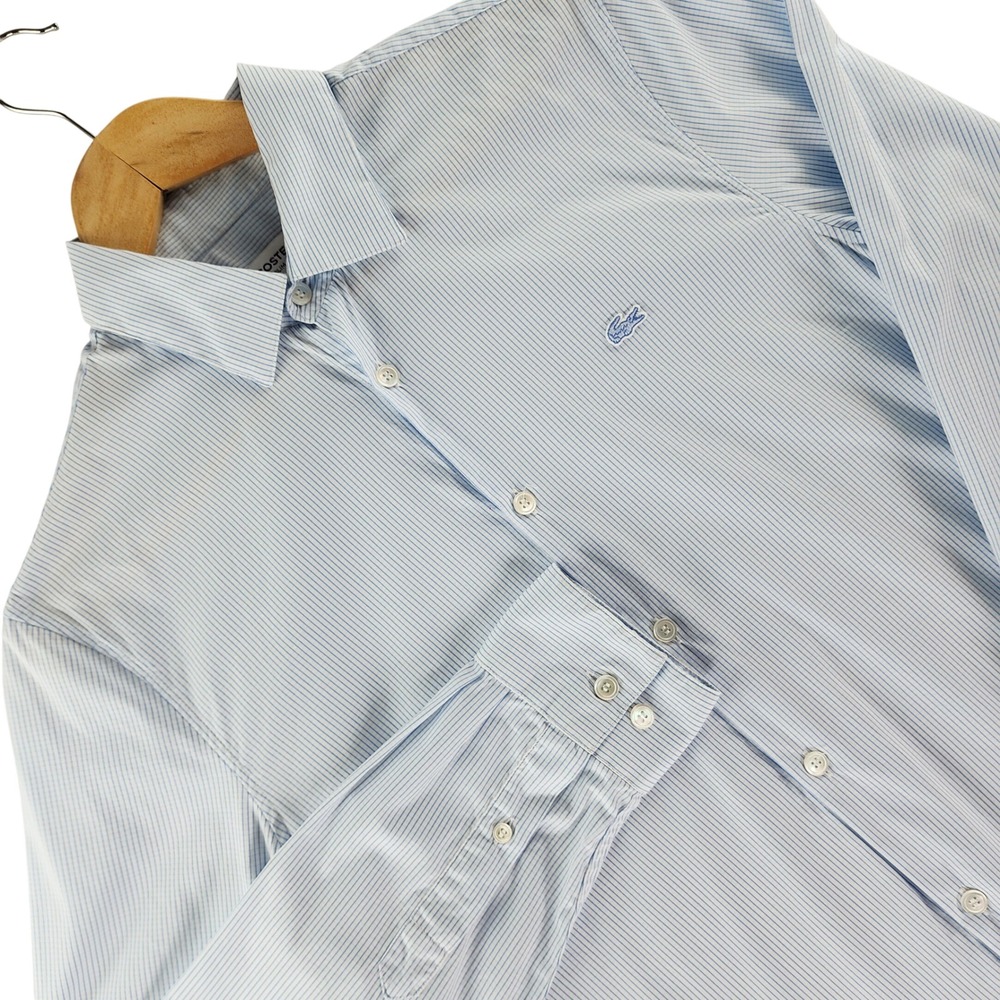 Lacoste Button Down Mens 15.5 Blue White Stripe Slim Fit Cotton Stretch Shirt